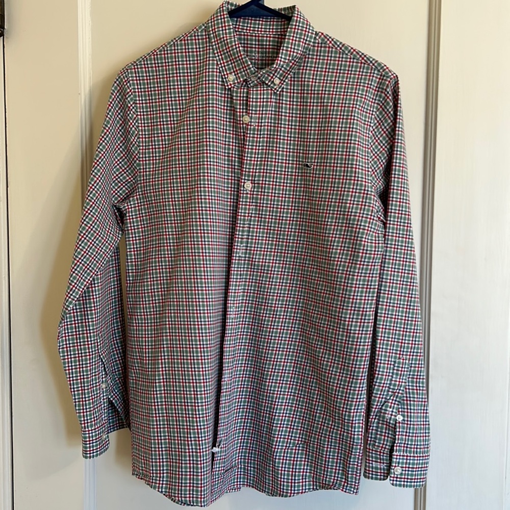 Boys Vineyard Vines plaid button down shirt, size XL (18). White/Green/Red/Blue